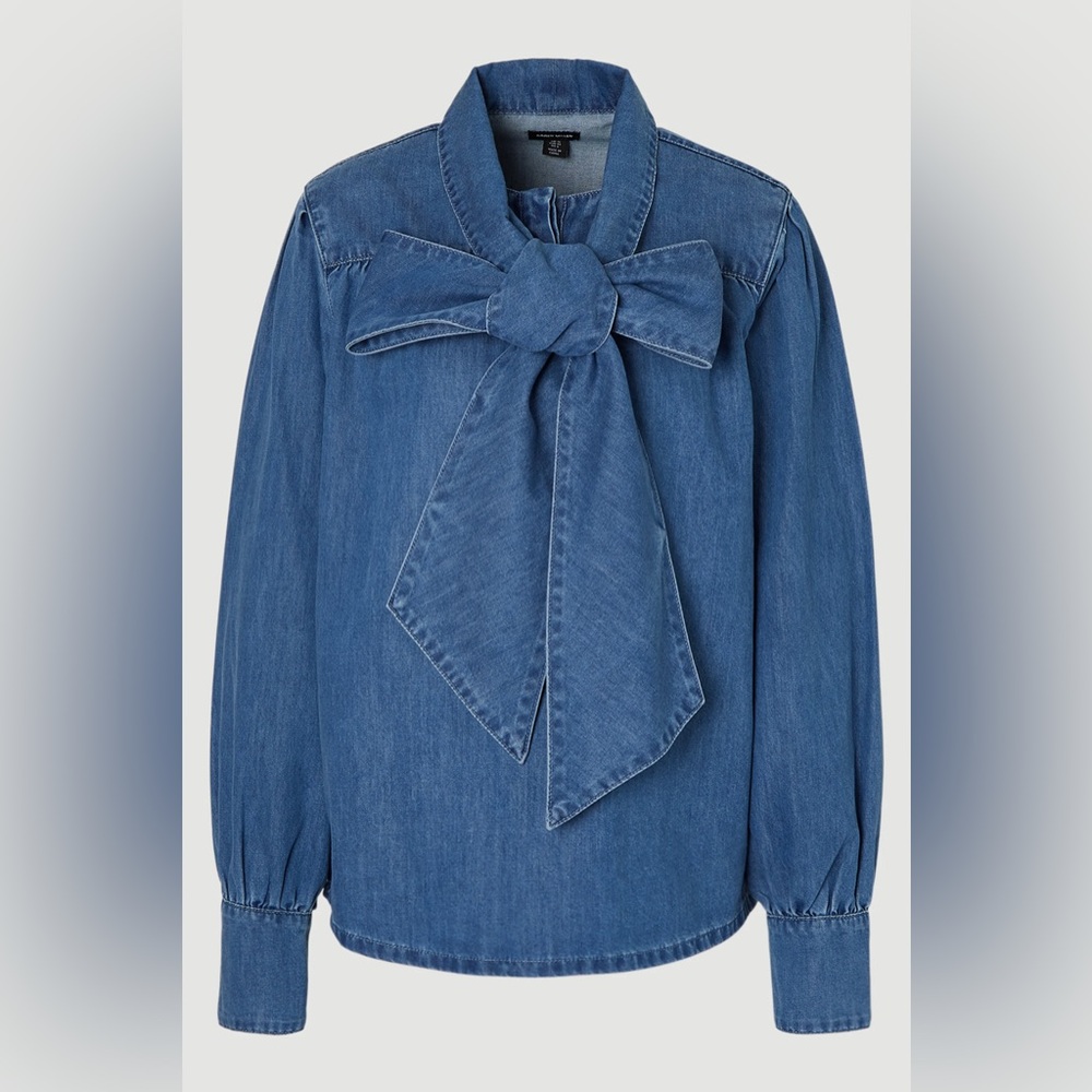 NWT KAREN MILLEN Denim Pussybow Blouse - Picture 4 of 9
